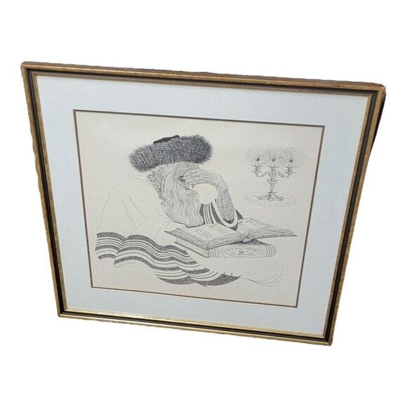 Marlene Lerman Vintage 23" x23" Matted Drawing of Old Rabbi with Book Studying - Picture 1 of 8